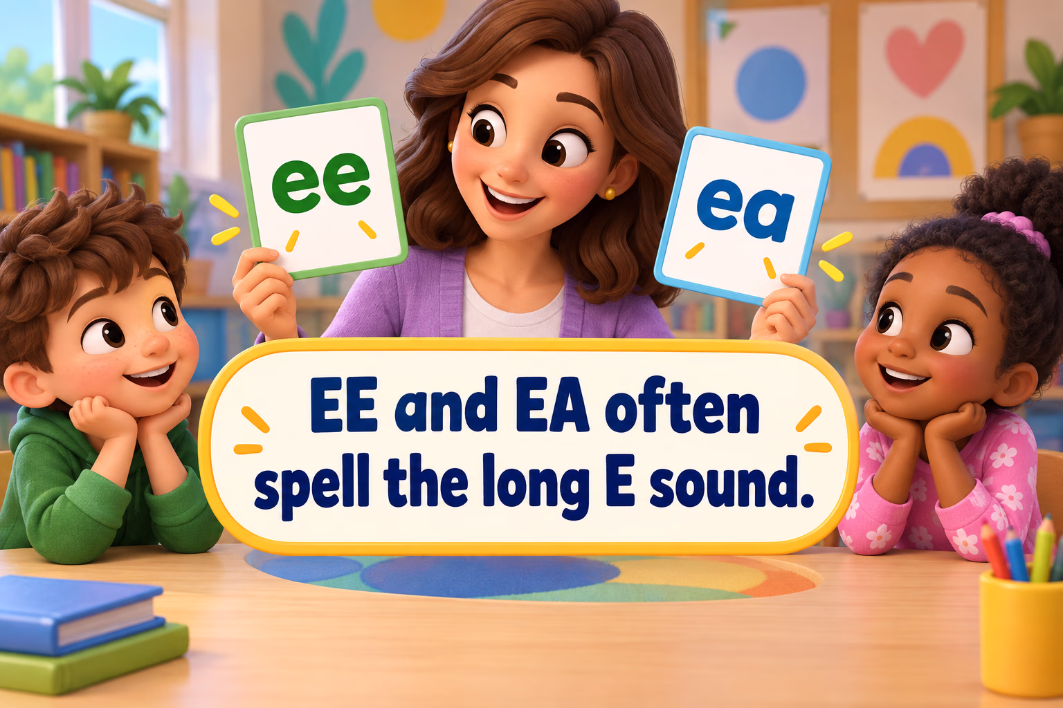 A cartoon teacher shows ee and ea pattern cards. Image text: EE and EA often spell the long E sound.