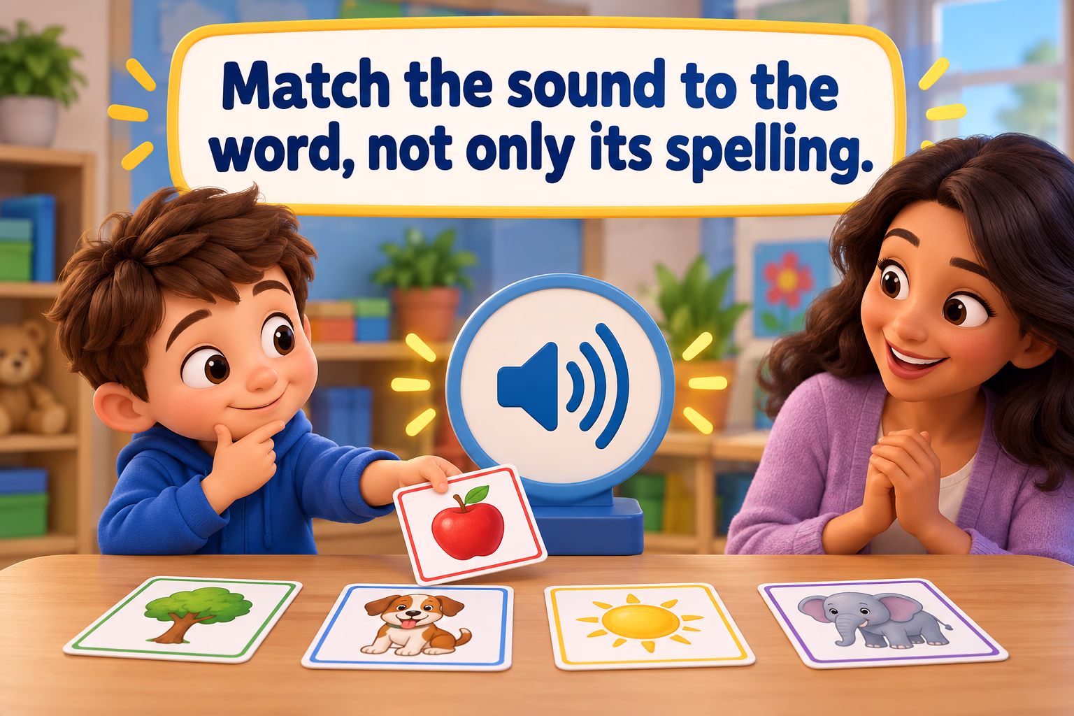 A cartoon child matches picture cards to a sound wave. Image text: Match the sound to the word, not only its spelling.