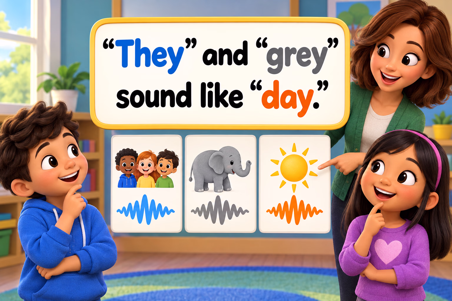 Cartoon children compare they, grey, and day. Image text: “They” and “grey” sound like “day.”