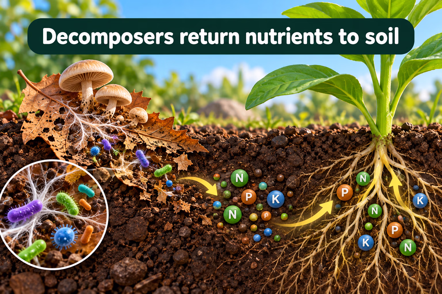 Fungi and microbes decompose a fallen leaf and release nutrients into soil