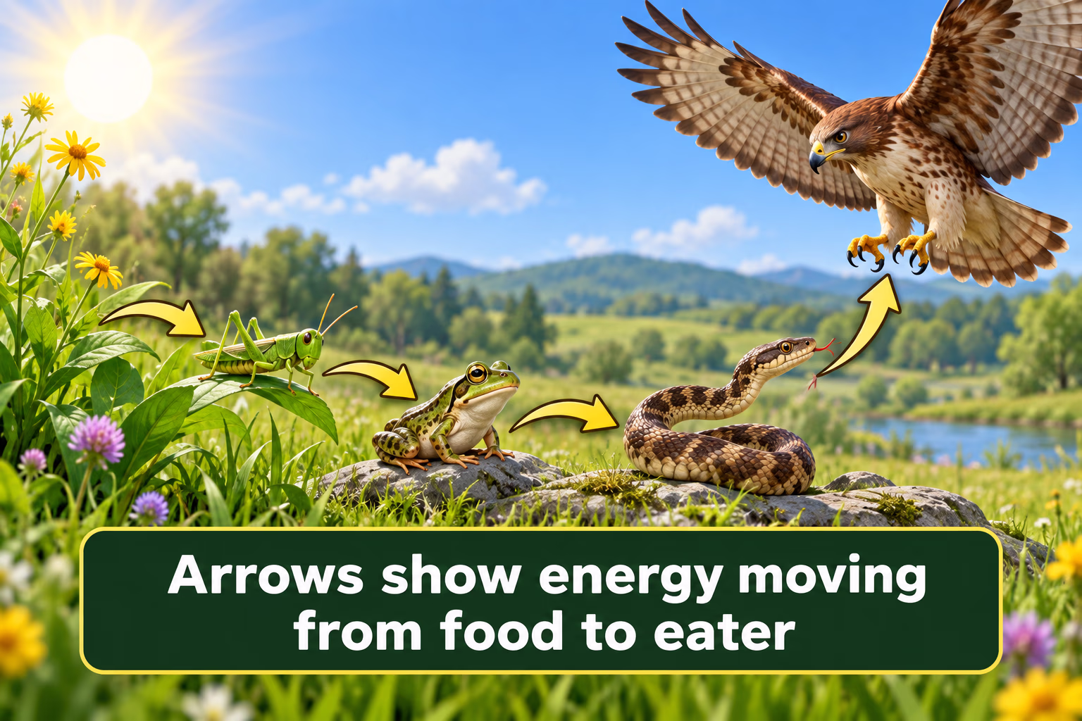 Meadow food-web arrows trace energy from plants through consumers