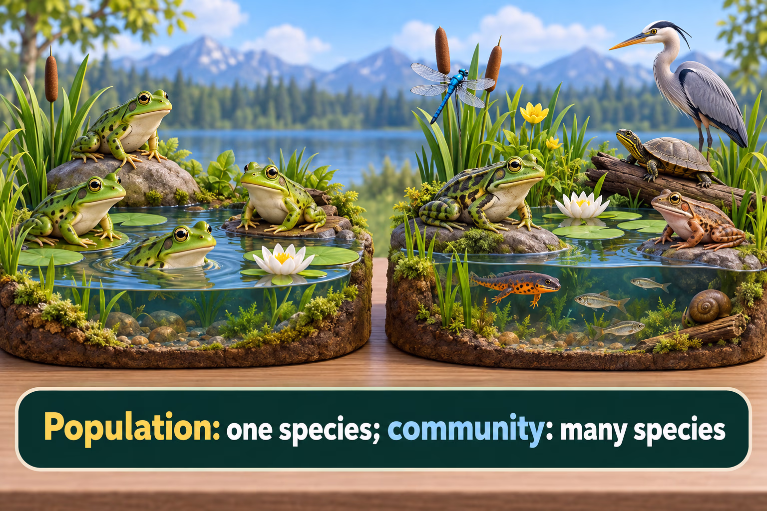 A population contains one species; a community includes multiple species