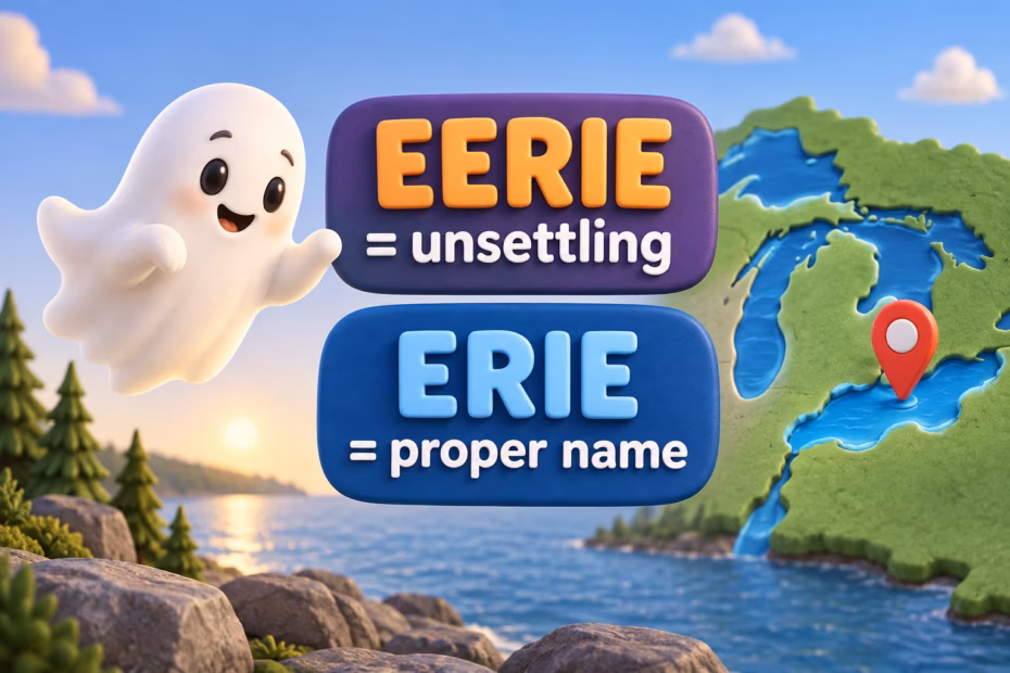 Friendly illustration: eerie describes an unsettling mood; Erie is a proper name.