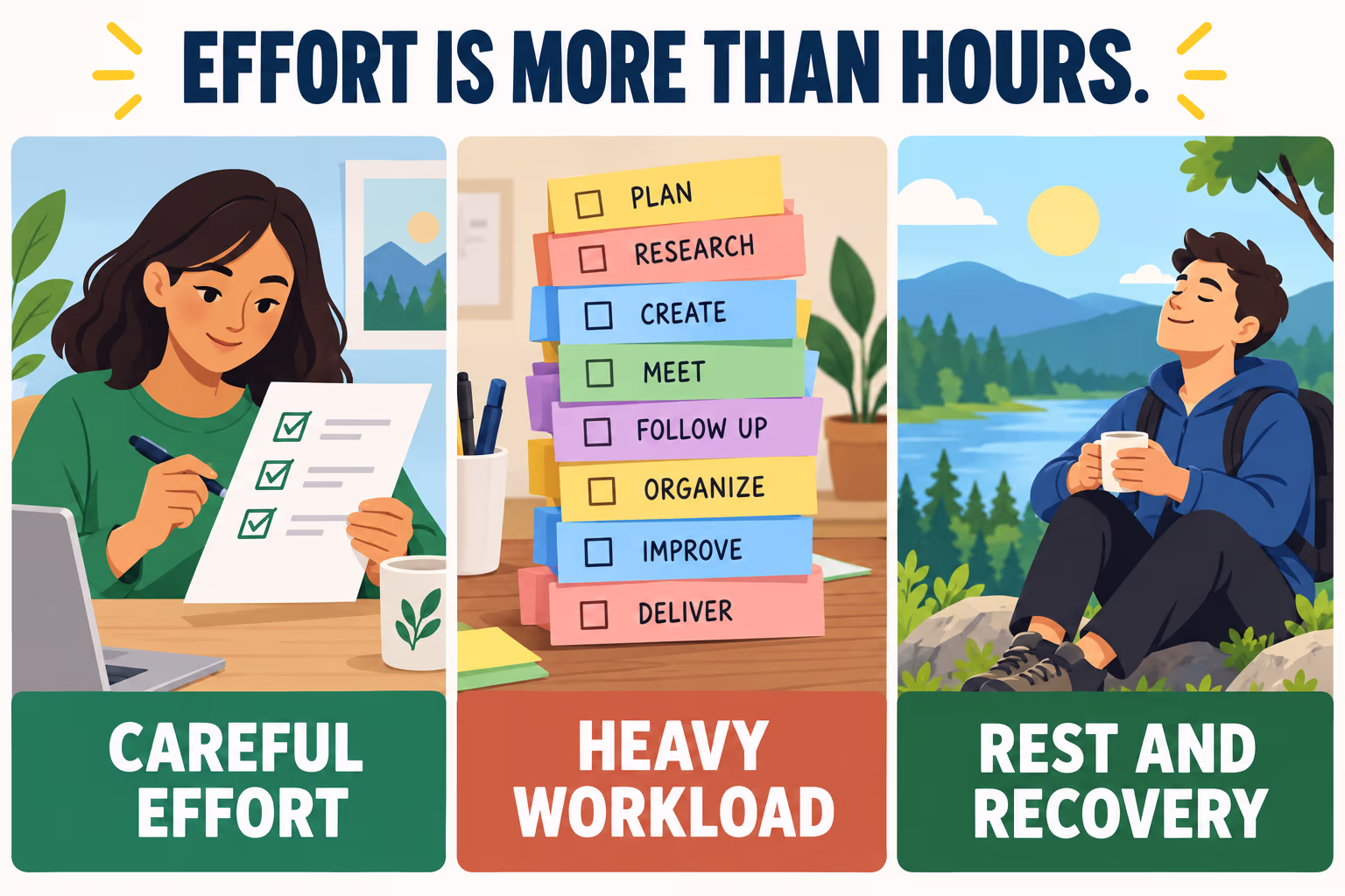 Three scenes distinguish careful effort, a heavy workload, and restorative rest and recovery.