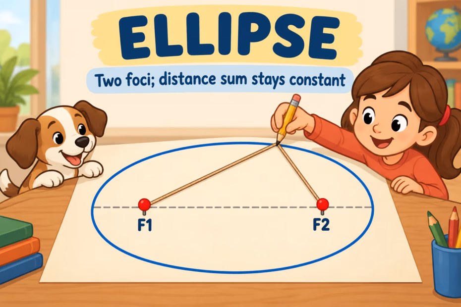 An ellipse diagram shows two foci inside the curve and a constant sum of distances, with a string-and-pins construction.
