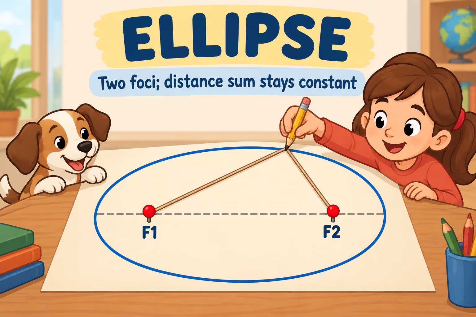 An ellipse diagram shows two foci inside the curve and a constant sum of distances, with a string-and-pins construction.