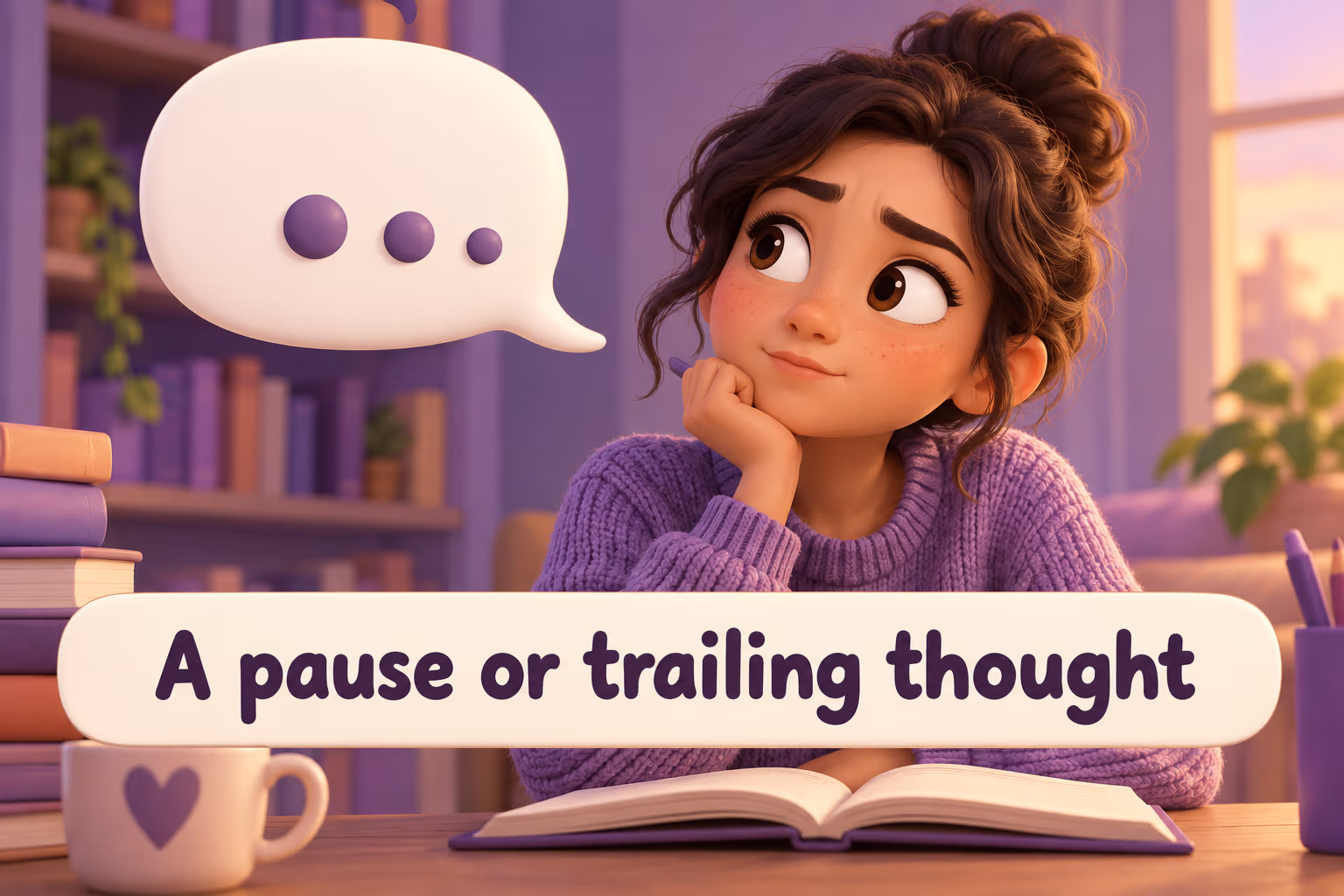 A thoughtful reader beside a speech bubble that ends in three dots. Teaching label: A pause or trailing thought.