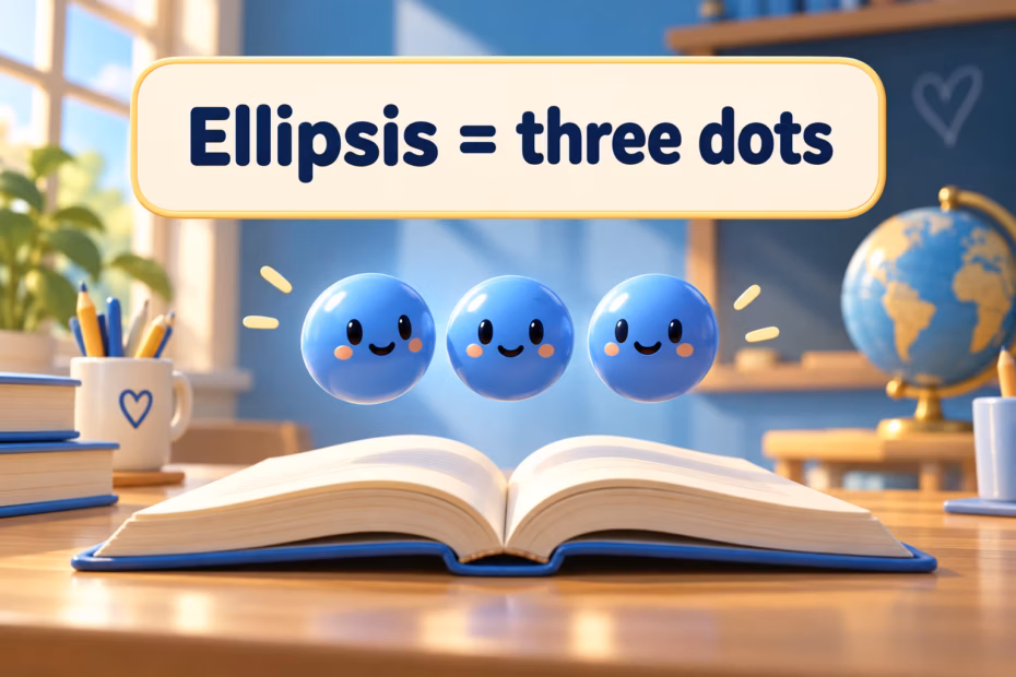 Three glossy punctuation dots above an open book. Teaching label: Ellipsis = three dots.