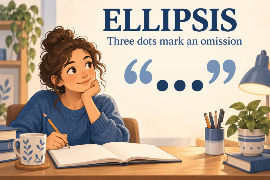A writer studies three ellipsis dots between quotation marks, under the label Ellipsis: Three dots mark an omission.