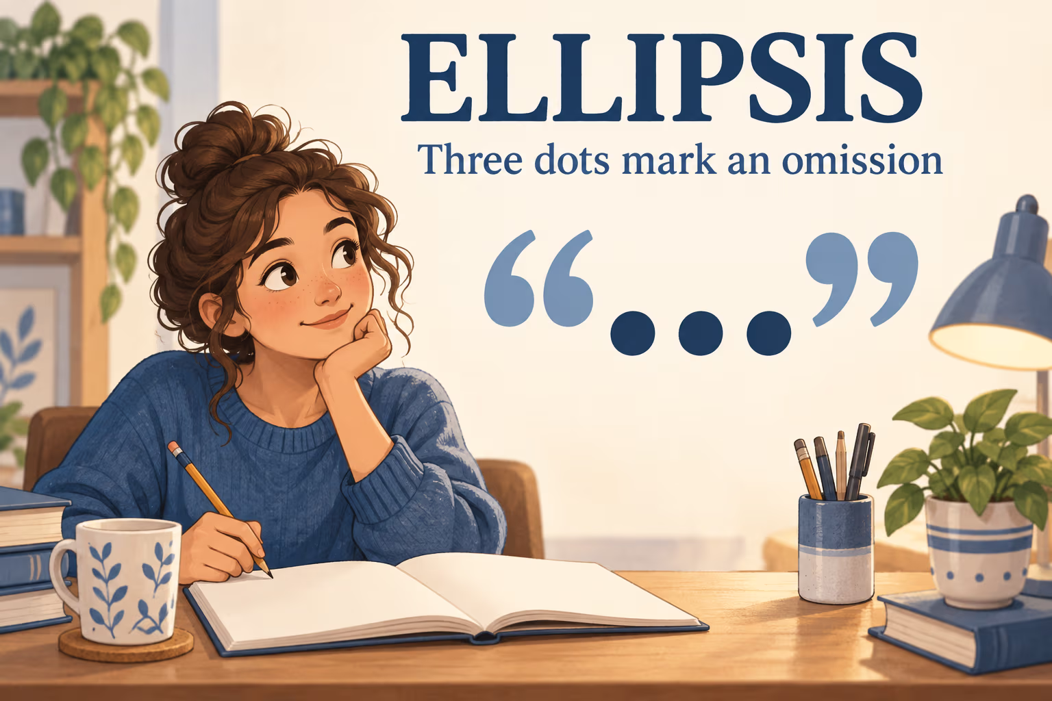 A writer studies three ellipsis dots between quotation marks, under the label Ellipsis: Three dots mark an omission.