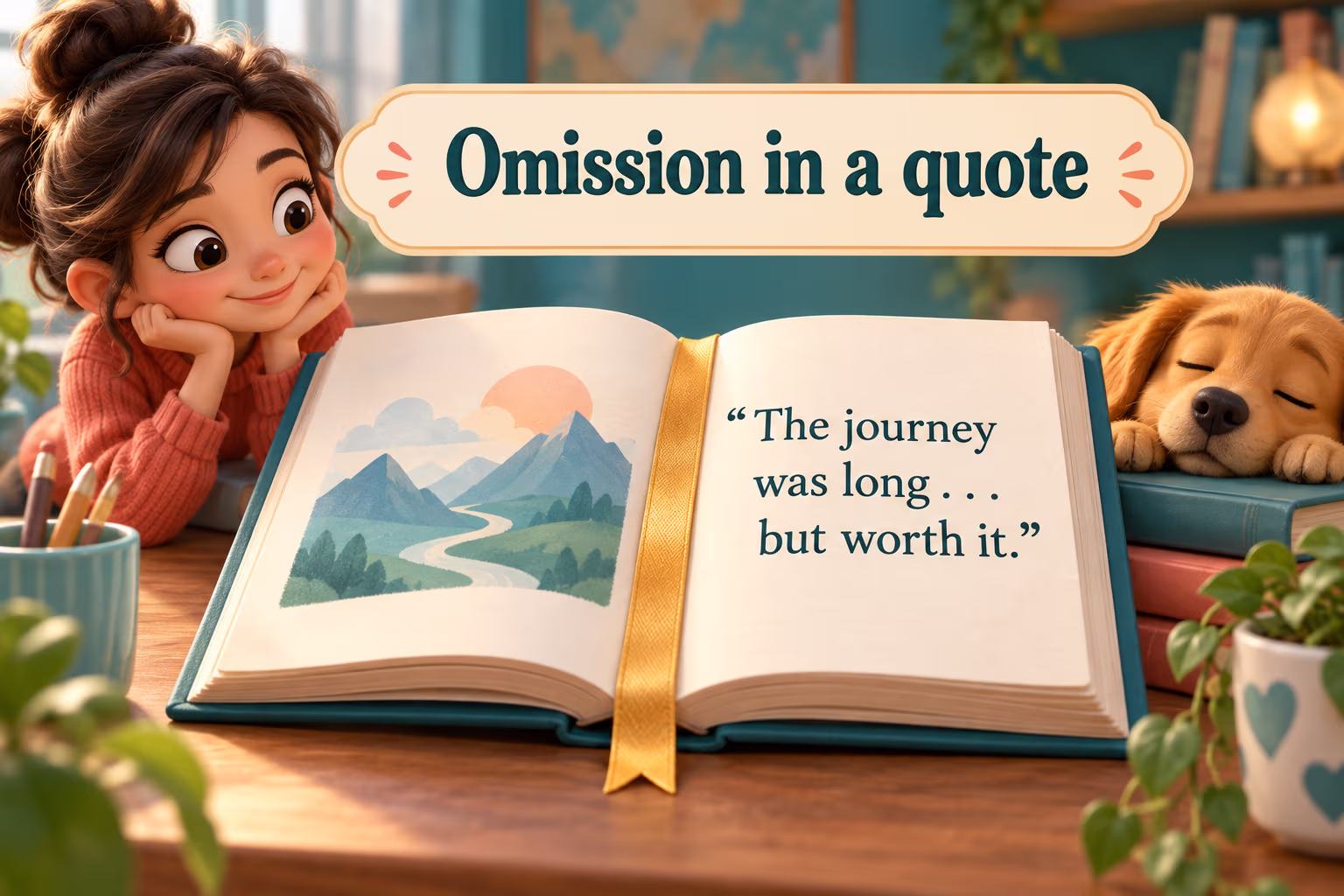 A reader follows an open book quotation with three dots marking omitted words. Teaching label: Omission in a quote.