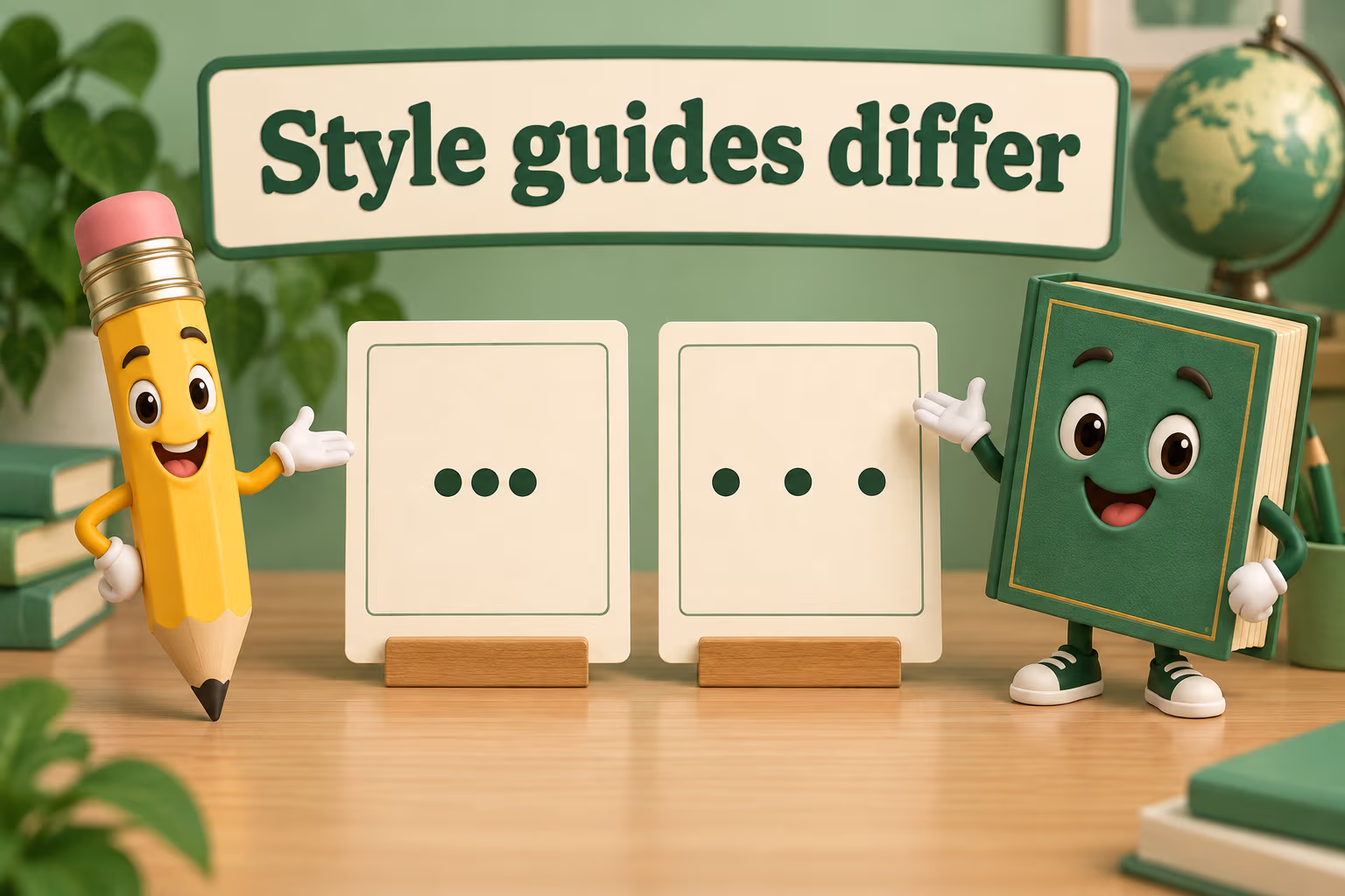 Two writing cards compare three close dots and three spaced dots beside a friendly pencil. Teaching label: Style guides differ.