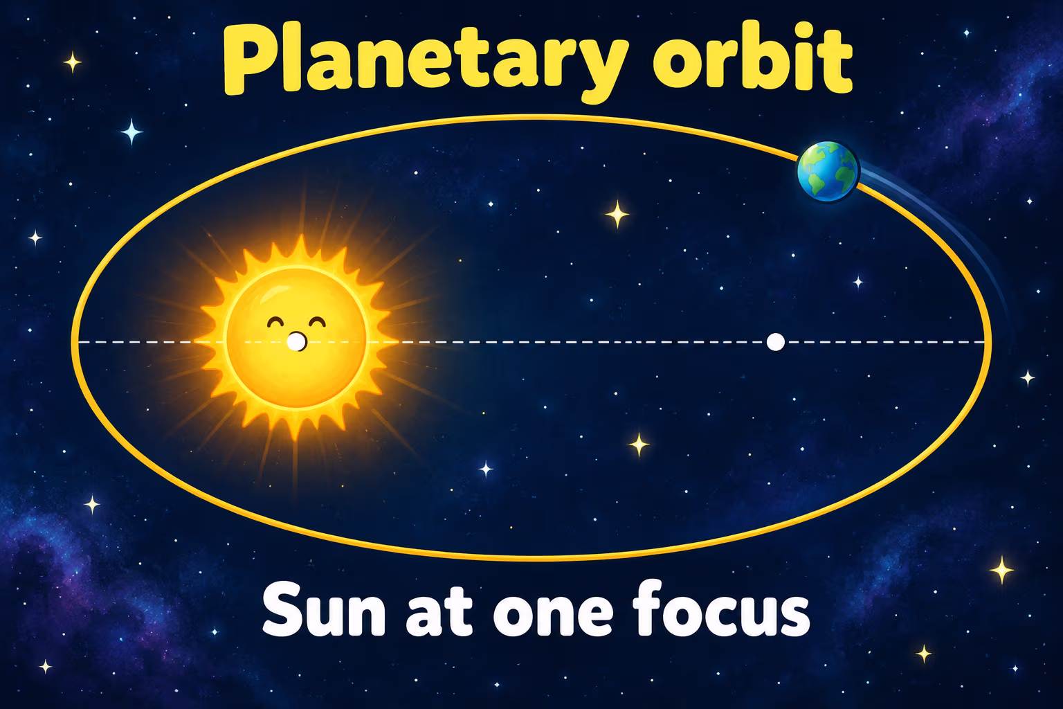 A planet follows an oval orbital path with the Sun placed at one focus, off center.