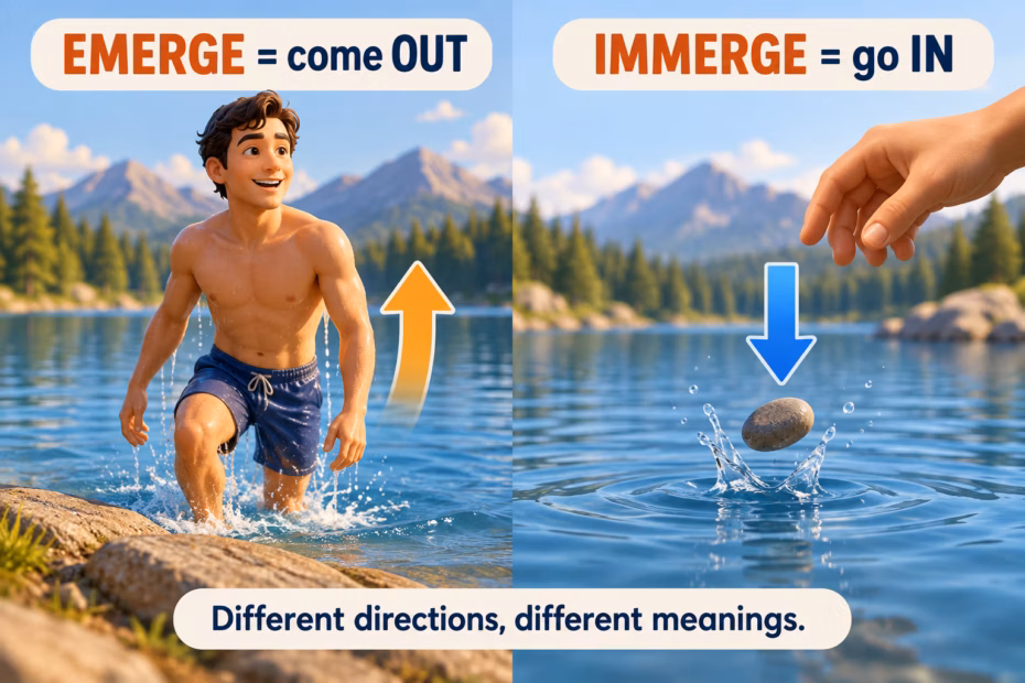 Featured comparison shows a swimmer emerging from a lake and an object immerging into water, highlighting outward and inward directions.