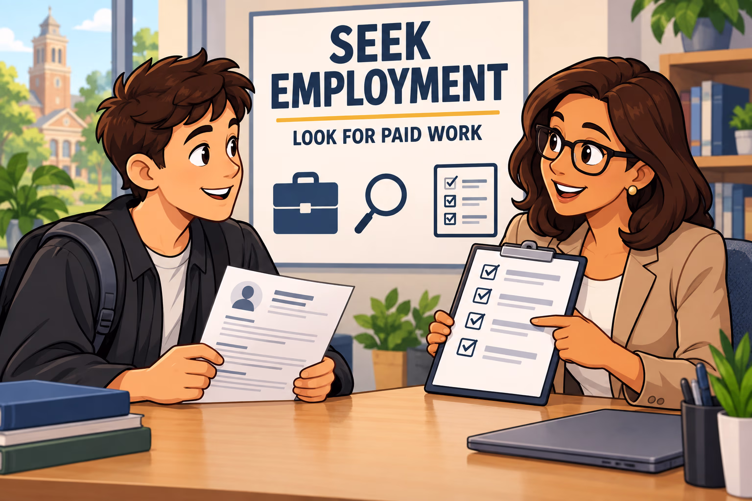 A graduate and adviser discuss how to seek employment