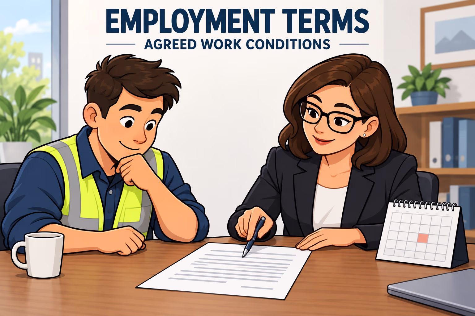 A worker and manager review employment terms