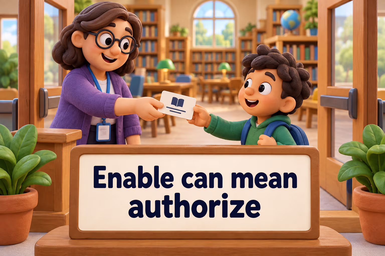 A librarian gives a young reader permission to enter, with the label “Enable can mean authorize.”