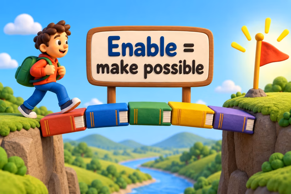 A cheerful student crosses a colorful bridge made of books to reach a goal flag, beneath the words “Enable = make possible.”