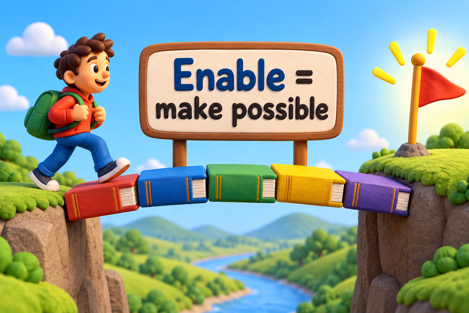 A cheerful student crosses a colorful bridge made of books to reach a goal flag, beneath the words “Enable = make possible.”