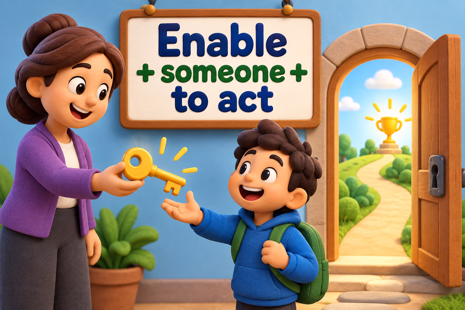 A teacher gives a student a key to a goal door beneath the label “Enable + someone + to act.”
