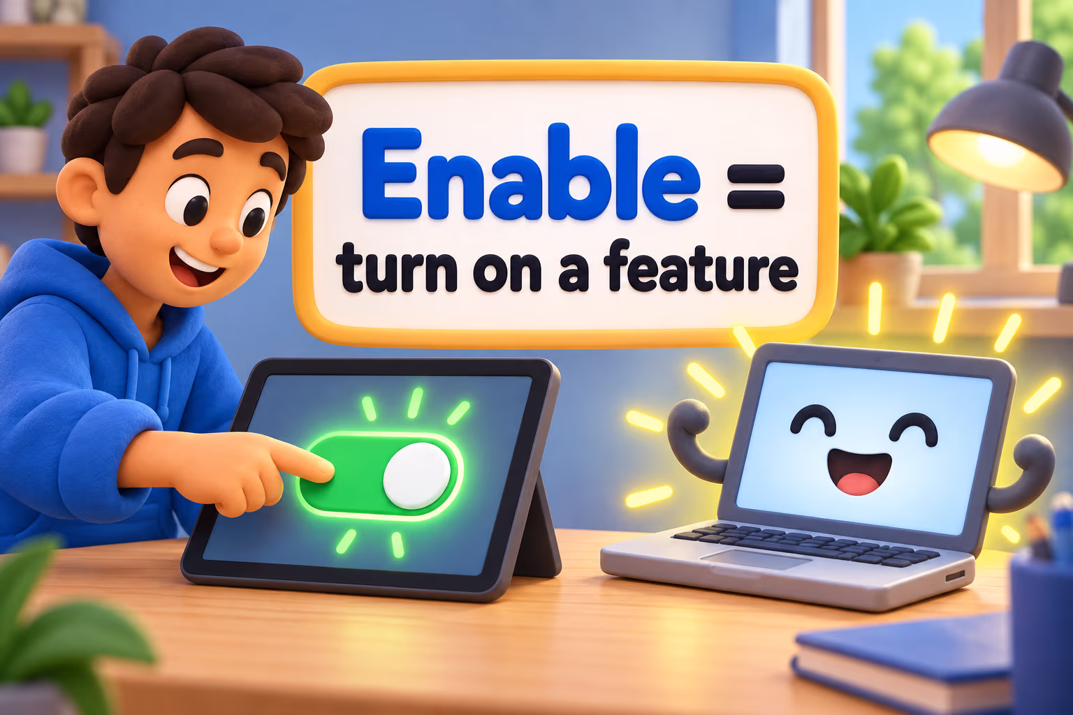 A person switches on a tablet feature as a laptop lights up, beneath the words “Enable = turn on a feature.”