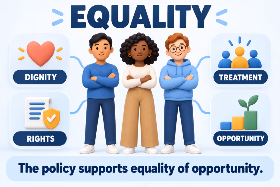 An educational diagram pairs the word equality with equal dignity, rights, treatment, and opportunity, then shows a sentence using equality.