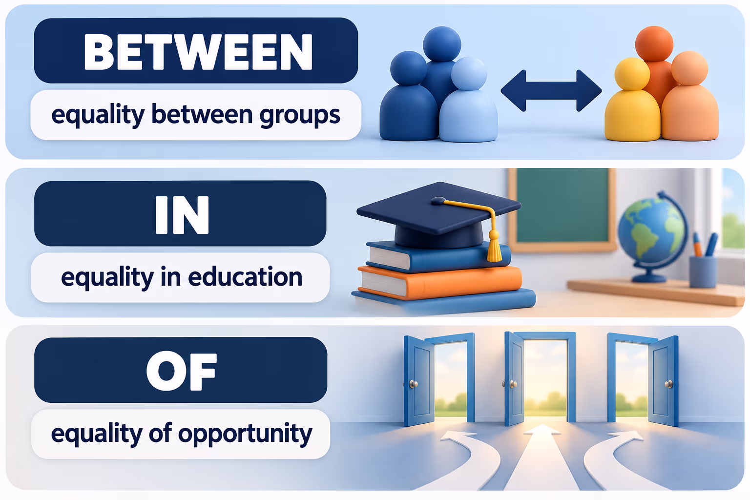 Three sentence frames show equality between groups, equality in a field, and equality of an opportunity or right.