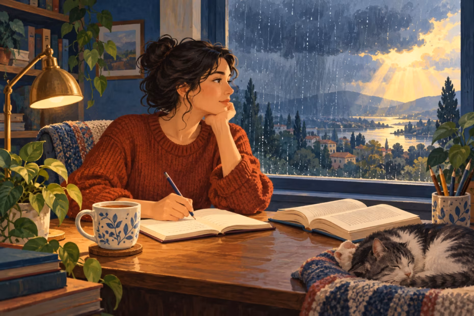 A student continues writing at a desk as rain falls outside, illustrating a decision that stands even if conditions change