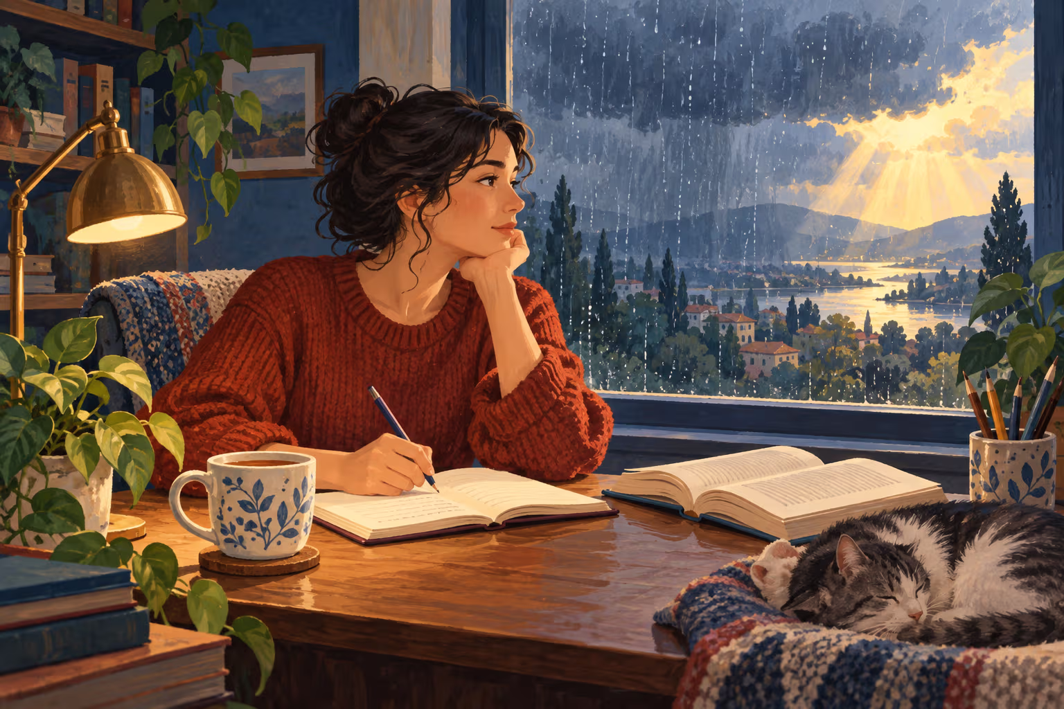 A student continues writing at a desk as rain falls outside, illustrating a decision that stands even if conditions change