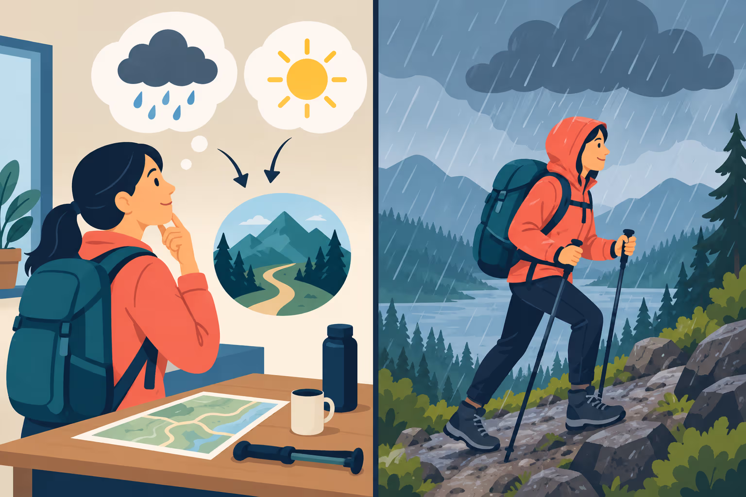Side-by-side comparison of even if for a possible rainy hike and even though for a hike already happening in the rain