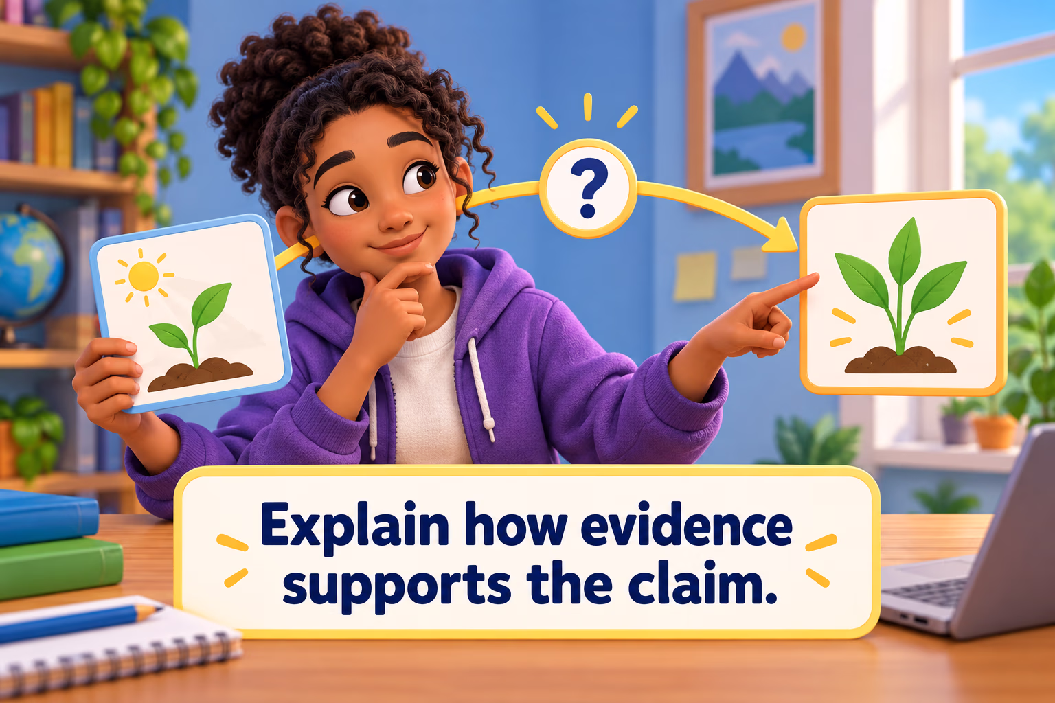 A student reads a simple observation card and explains how it supports a claim, illustrating the reasoning link.