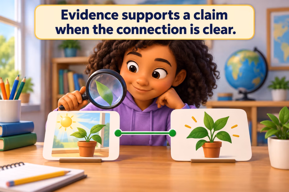 A student connects a labeled claim card to a magnifying glass over a clear observation, illustrating evidence supporting a claim.