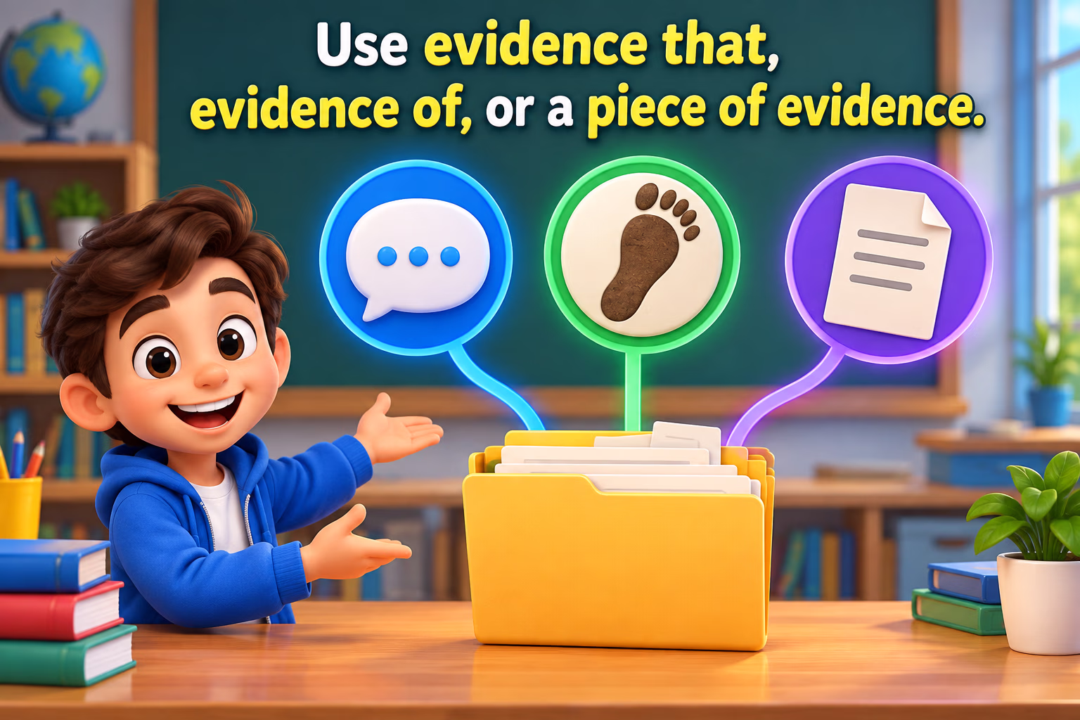 An evidence word card shows the phrases evidence that, evidence of, and a piece of evidence.