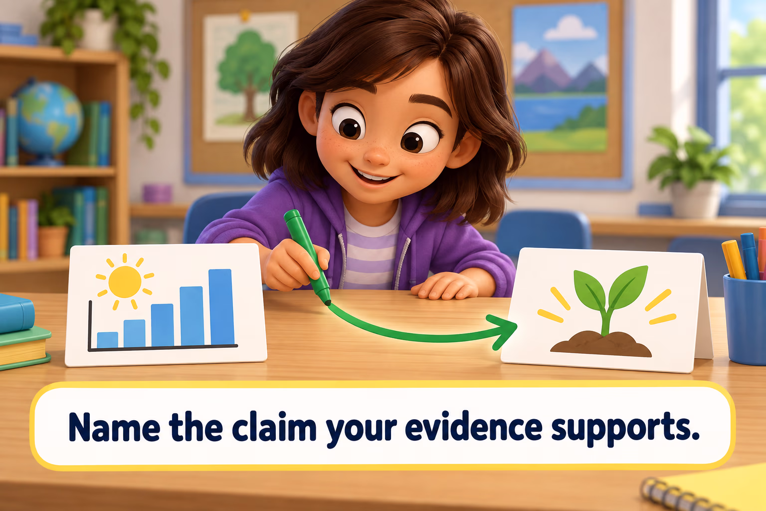 A student places a source card beside a claim and draws a clear connecting line, illustrating evidence linked to a claim.