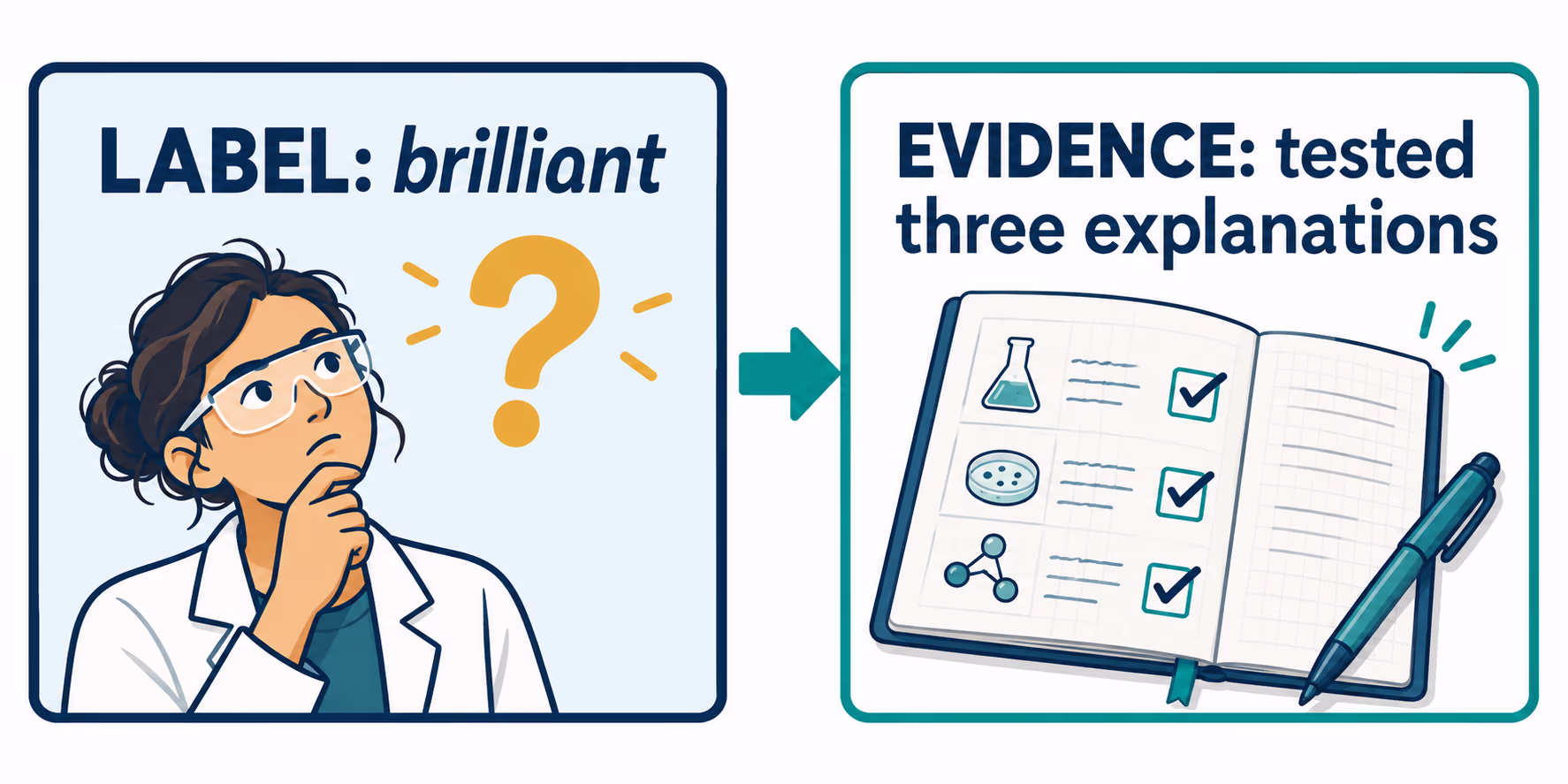 An evidence-based description replaces the vague label brilliant with the specific action tested three explanations