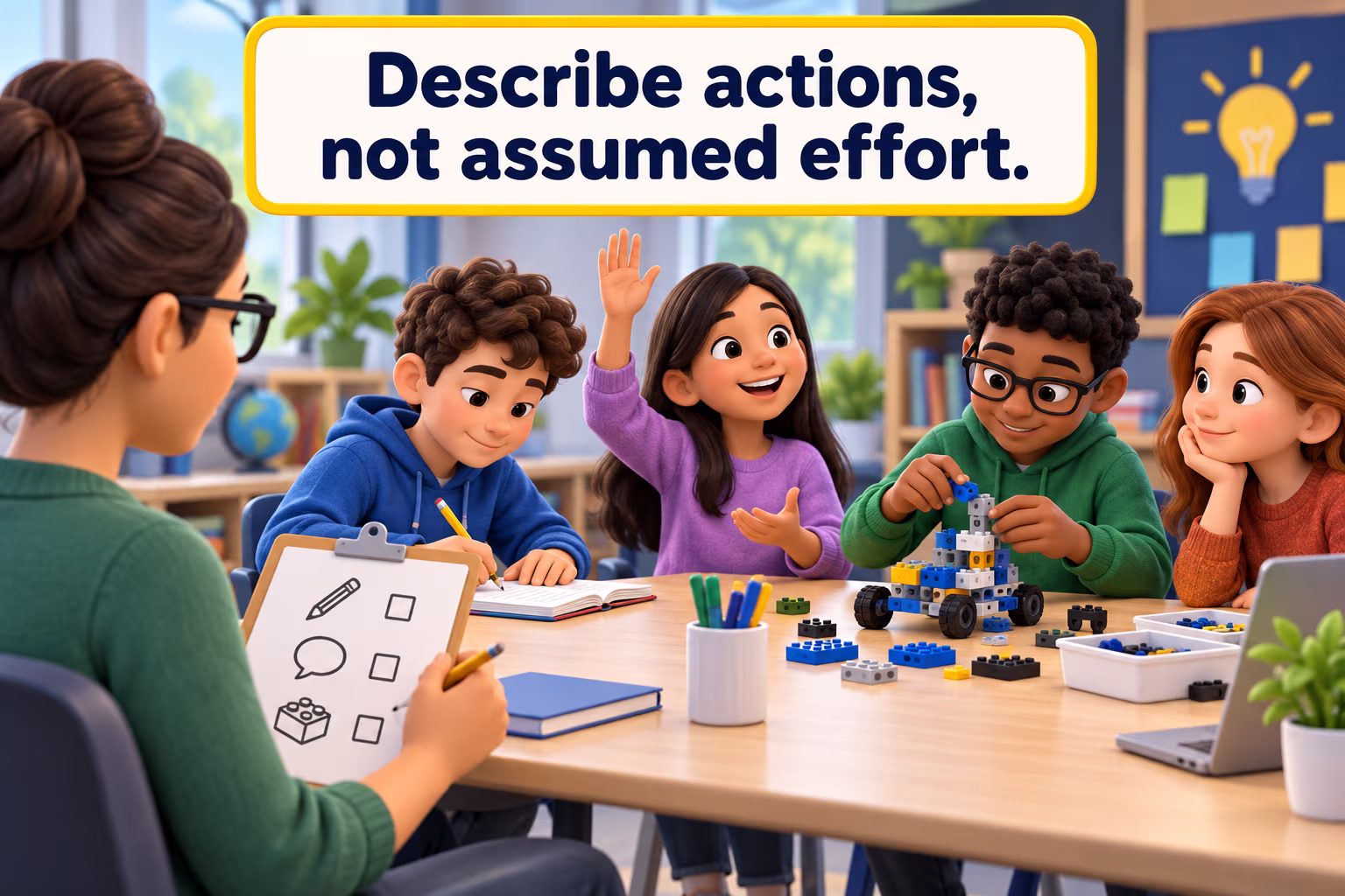 An observer notes a question, writing, and model building. Describe actions, not assumed effort.