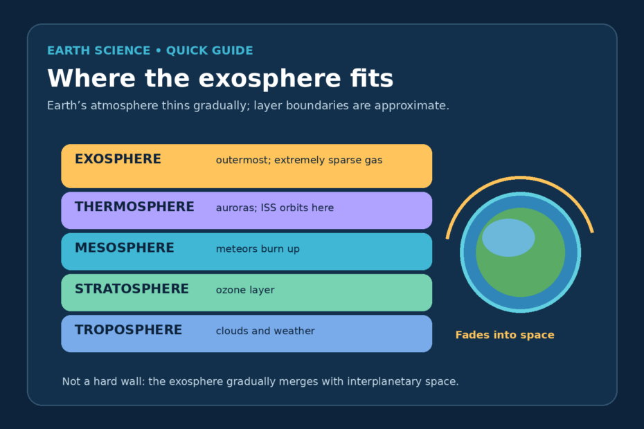 Diagram placing the exosphere above the thermosphere and showing that Earth’s atmosphere fades gradually into space.