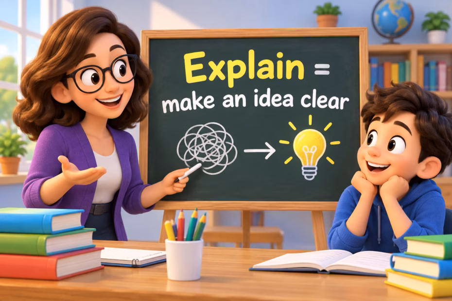 A cartoon teacher makes a tangled idea clear for a student; the board reads Explain equals make an idea clear.