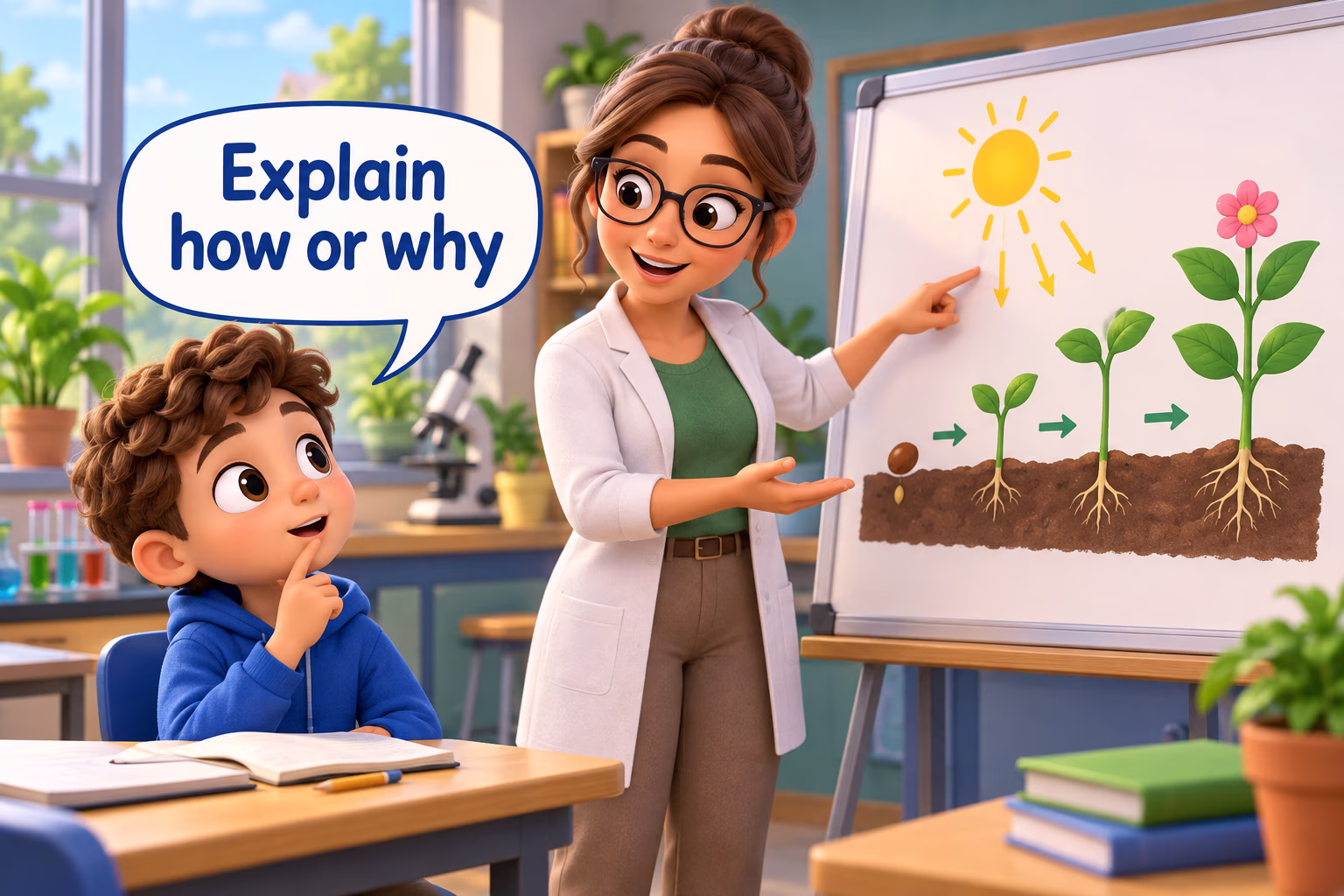 A teacher explains how seedlings grow while a student asks how or why.