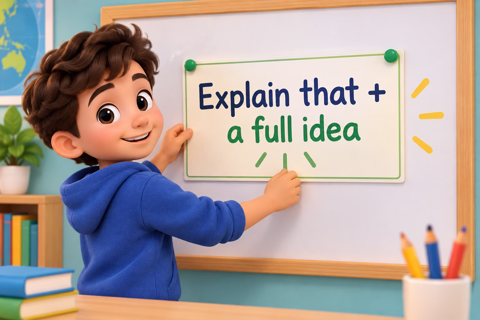 A cartoon student points to a board that reads Explain that plus a full idea.