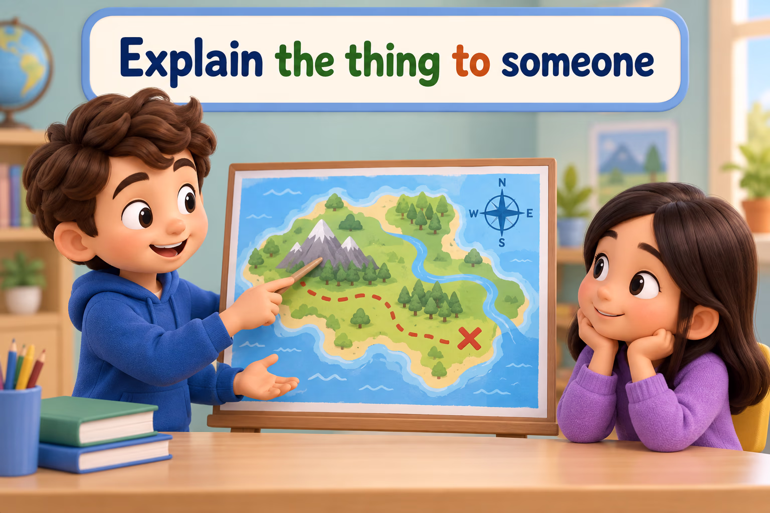 Two cartoon students discuss a map beneath the grammar pattern Explain the thing to someone.