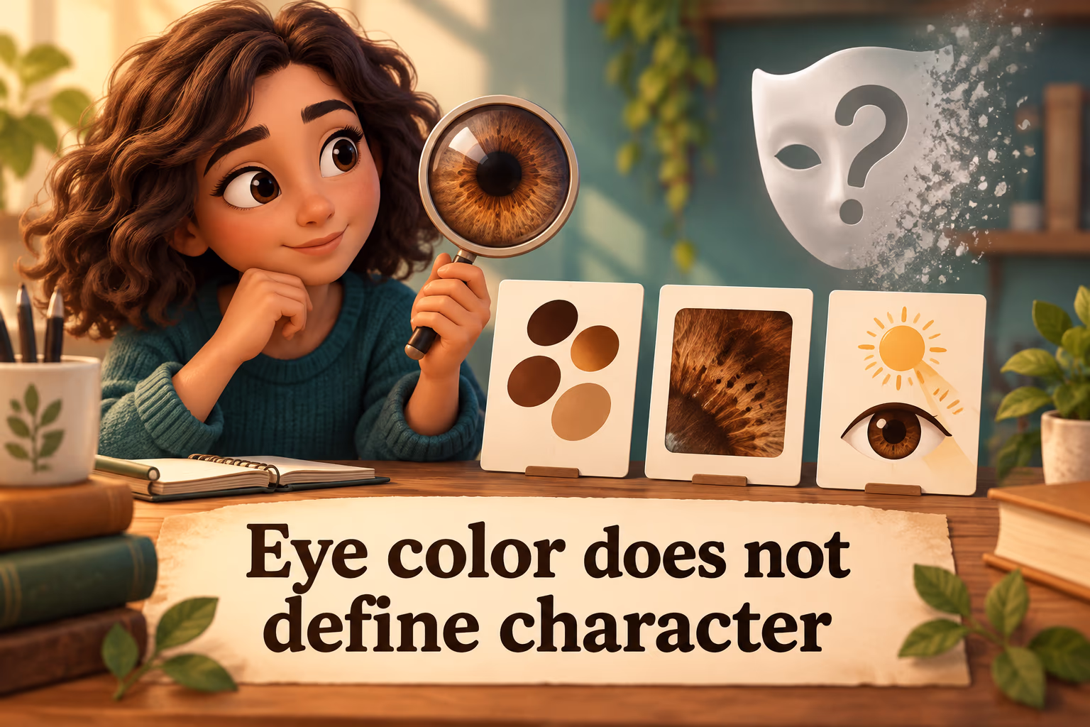 Writer observing brown iris details: Eye color does not define character.