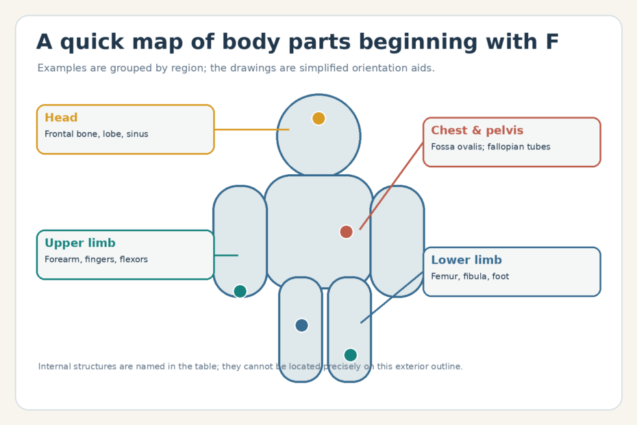 Simplified front-view locator highlighting body regions with examples beginning with F.