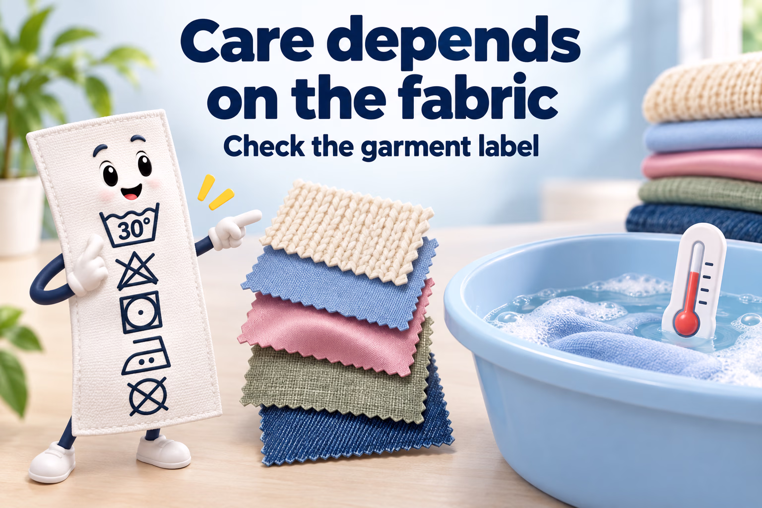 Care label beside fabric swatches and wash basin. Text: “Care depends on the fabric; Check the garment label.”