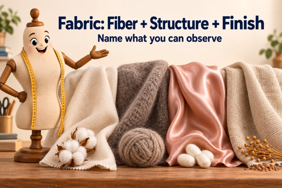 Tailor mannequin beside cotton, wool, silk, and linen swatches. Text: “Fabric: Fiber + Structure + Finish. Name what you can observe.”