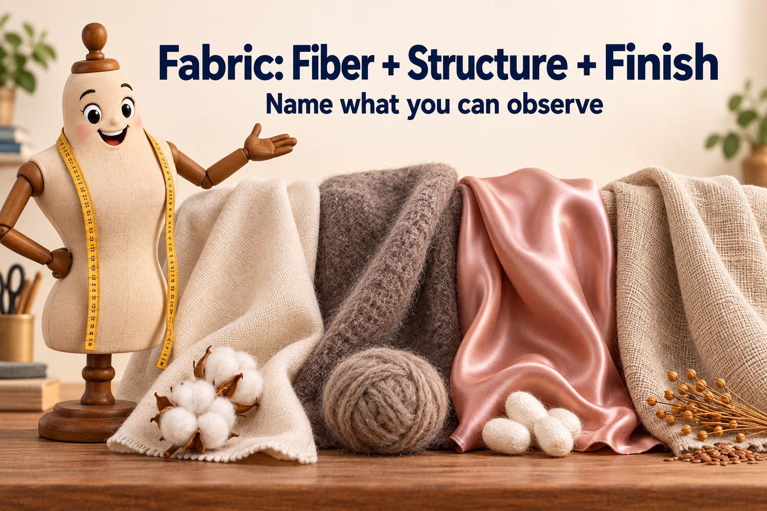 Tailor mannequin beside cotton, wool, silk, and linen swatches. Text: “Fabric: Fiber + Structure + Finish.”