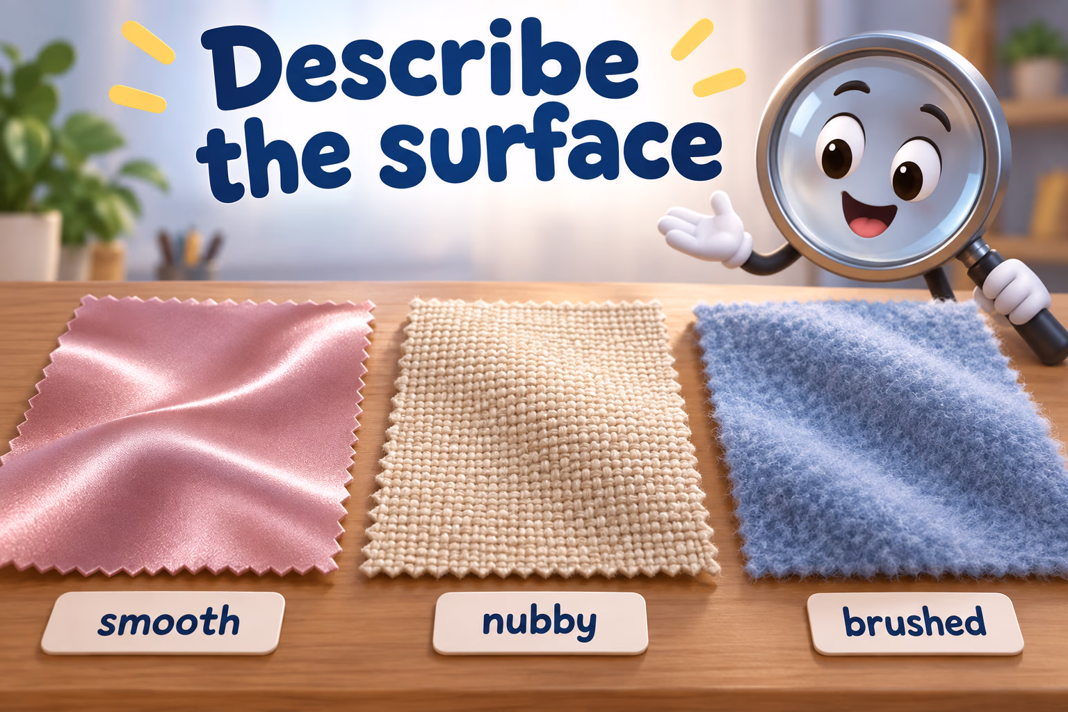 Smooth, nubby, and brushed swatches show distinct surfaces. Text: “Describe the surface.”
