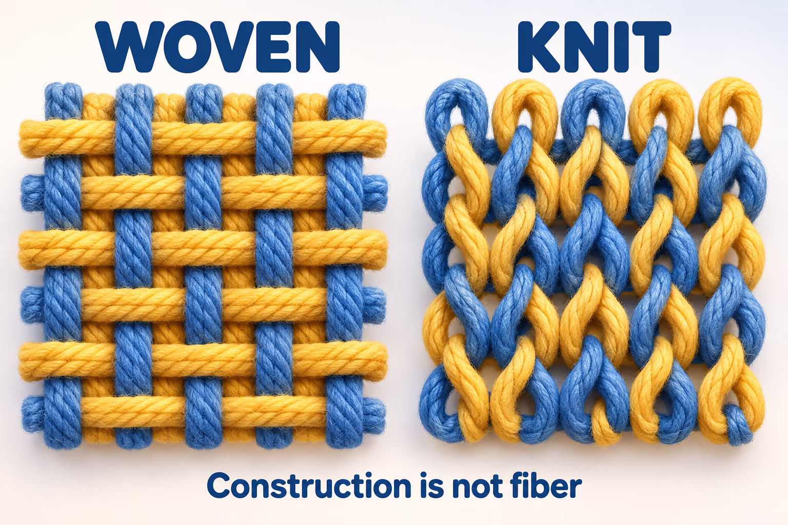 Woven yarns cross while knit yarns form loops. Text: “Construction is not fiber.”