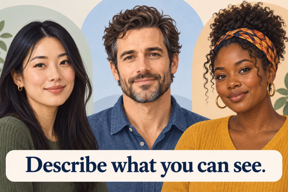 Three adult portraits illustrate different visible facial features and expressions. Text: “Describe what you can see.”