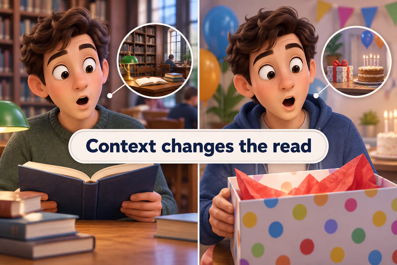 The same illustrated face appears in a library and at a birthday. Teaching point: Context changes the read.